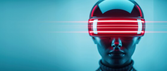 Fototapeta premium Futuristic humanoid figure wearing a sleek helmet illuminated by vibrant red lights, set against a serene blue backdrop, embodying advanced technology and digital innovation.