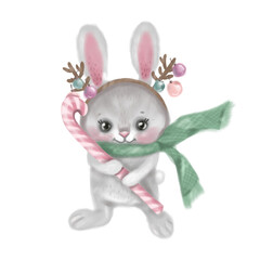 Cute hare, bunny with candy. Drawing. Hand painted illustration isolated on white background. Watercolor style. Christmas animals. Funny, cartoon bunny. Greetings card, poster, print design