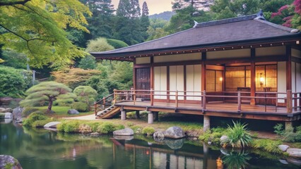 Japanese House on Stilts by a Pond in a Lush Garden