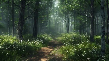Obraz premium A serene forest path surrounded by lush greenery and wildflowers, illuminated by soft sunlight.