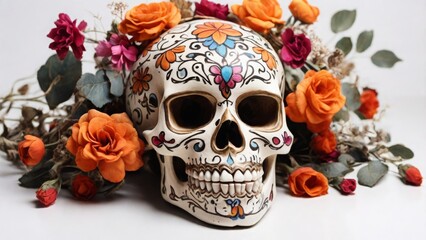 Day of the dead celebration background with colorful sugar skulls and flowers