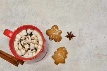 a cup of hot cocoa drink with some gingerbread cookies copy space 