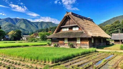 Traditional Japanese House with Thatched Roof in a Rice Paddy Field