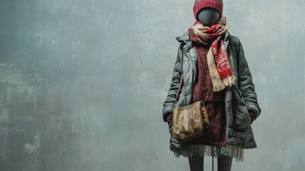 European winter outfit with layers, displayed on a mannequin, with ample room for copy on a neutral background.