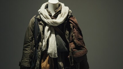 Fototapeta premium European winter outfit with layers, displayed on a mannequin, with ample room for copy on a neutral background.