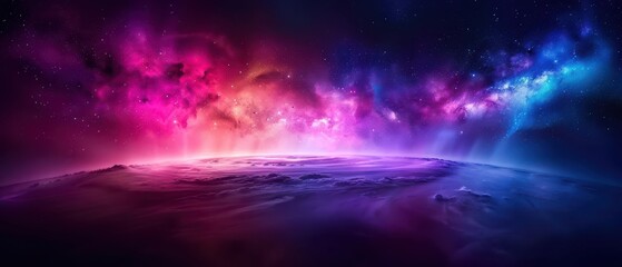 Cosmic Horizon, an ethereal display of swirling galaxies and vibrant nebulae against a serene planetary landscape, embodying the beauty of the universes vast mysteries.