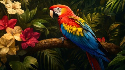 Obraz premium A vibrant macaw perches on a branch surrounded by lush tropical foliage and colorful flowers, perfect for advertising exotic travel destinations, nature documentaries