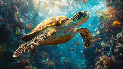 Fototapeta premium A sea turtle gracefully swims among vibrant coral reefs and tropical fish, illuminated by sunlight filtering through clear blue water, This image is perfect for nature, wildlife