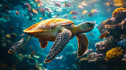 Fototapeta premium A vibrant underwater scene of a sea turtle swimming among colorful coral reefs and tropical fish, ideal for wildlife documentaries, educational materials, or travel promotions,
