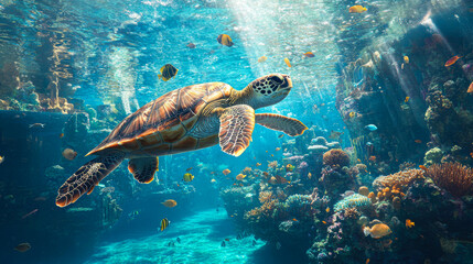 Fototapeta premium A vibrant marine scene featuring a sea turtle swimming among colorful coral reefs and various fish ideal for use in conservation campaigns, educational material, or travel promotions