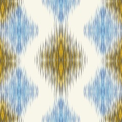 Seamless ikat with significance, geometric pattern, black and yellow, contrasting with blue and white.