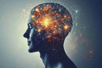 Obraz premium Silhouette of a person with a glowing neural brain symbolizing cognitive power thought processes and the integration of intellect with modern technology