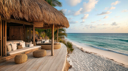 A tranquil beachfront bungalow with woven furnishings overlooks the ocean and sandy beach perfect for travel brochures, relaxation articles, and vacation marketing,