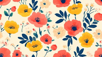 seamless pattern, Bright and vibrant floral pattern featuring assorted flowers in shades of red, yellow, and blue on a soft beige background.