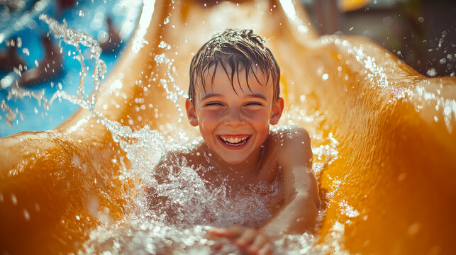 Happy boy having fun in water park on a hot summer day.