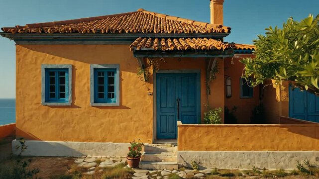 Video footage of  traditional house with a terracotta tiled roof and ochre colored walls