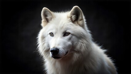Obraz premium Arctic wolf portrait with a calm expression against a dark background