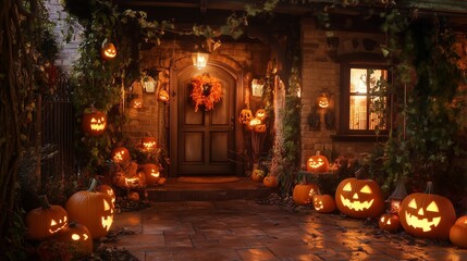 spooky Halloween scene with carved pumpkins and glowing lights on front porch of old house