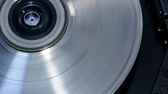 Vintage vinyl record spins on a classic turntable, creating a mesmerizing blur. The black and silver details evoke nostalgia, perfect for music lovers