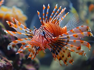Closeup of Striking Venomous Lionfish Displaying its Spines in Underwater Coral Reef Ecosystem