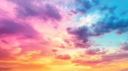 Obraz premium A colorful sky with prismatic clouds showcasing a gradient of hues from sunrise to sunset.