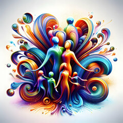 Glossy Abstract Family Celebration - Dynamic Digital Art Symbolizing Joy, Unity, and Diversity in Family Gatherings and Special Occasions - Vibrant Colors and Flowing Lines - Stock Photo Concept