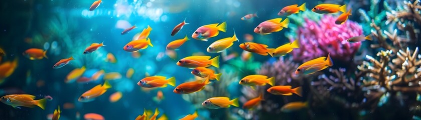 Fototapeta premium Vibrant Underwater Aquarium in Glowing Darkness with Copy Space