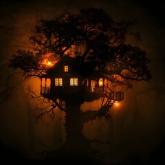 Glowing Treehouse Silhouette in the Dark Forest at Night