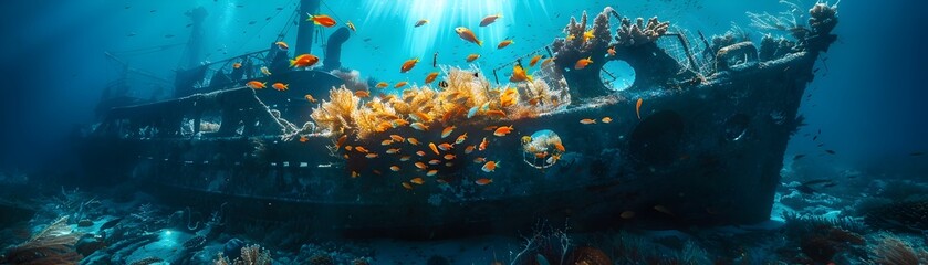 Mysterious Underwater Shipwreck Teeming with Marine Life and Fish Swimming through Portholes