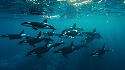 Fototapeta premium A Pod of Graceful Orcas Swimming Underwater in the Blue Ocean