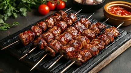 Shawarma skewers grilled and served with barbecue sauce Grilled meat with a smoke flavor. Beef, chicken flesh, and fat
