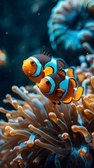 Clownfish Swimming Amid Vibrant Anemone in Underwater Seascape