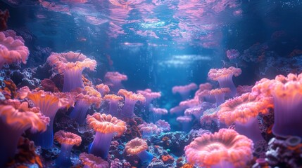Vibrant Alien Coral Reef with Bioluminescent Marine Life in a Futuristic Underwater Landscape