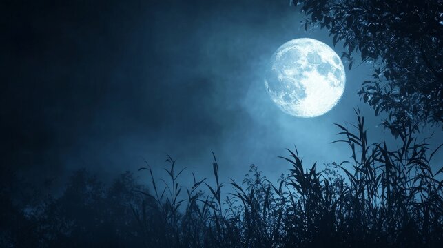 Mystical Full Moon Illuminating the Night Sky - A serene full moon shines brightly in the night sky, casting a soft glow on the surrounding foliage. The moon symbolizes peace, tranquility, and the bea