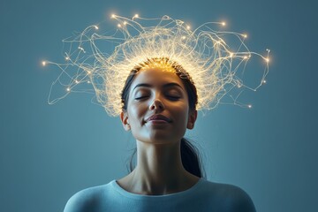 Young woman in a meditative pose with neural connections glowing around her head representing mindfulness inner peace and the power of meditation on the brains health