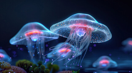 Fototapeta premium Mystical Alien Coral Reef with Glowing Jellyfish and Futuristic Marine Life in Deep Ocean