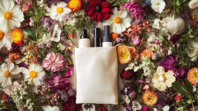 Natural Beauty Products in a Floral Setting - Three bottles of natural beauty products are nestled in a white cloth bag surrounded by a vibrant array of flowers, symbolizing freshness, nature, and bea