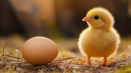 Newborn Chickling Beside Egg in Nest, Symbol of New Life and Growth - A fluffy yellow chickling standing beside a brown egg in a nest. This image represents new life, growth, and the cycle of nature. 