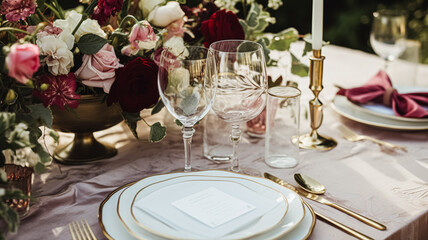 Fototapeta premium Wedding and event celebration tablescape with flowers, formal dinner table setting with roses and wine, elegant floral table decor for dinner party and holiday decoration, home styling idea
