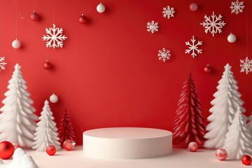Christmas banner with podium, Christmas trees, snowflakes, and empty space on red background  with generative ai