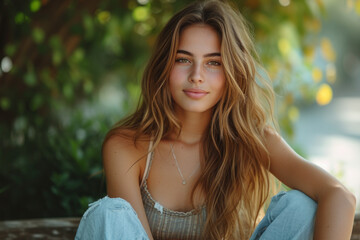 Fototapeta premium Young woman with long blonde hair smiling outdoors