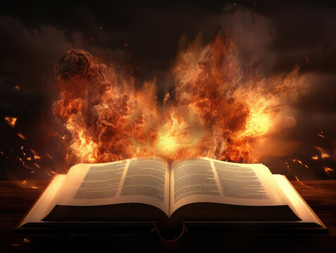 An open Bible with the name "Isaiah" surrounded by a fiery explosion, symbolizing powerful revelation or divine wrath. Dramatic concept of prophecy, spiritual intensity, and biblical events.