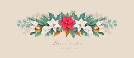 Christmas garland of Flowers, fir branches, golden leaves and red berries on a white background. Christmas and New Year banner