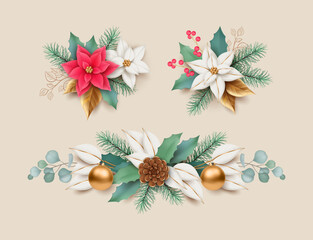 A set of Christmas garlands of Flowers, fir branches, golden leaves and decorative Christmas elements. Christmas and New Year decorations