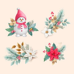 A set of Christmas elements with a cute snowman, poinsettia flowers, fir branches, golden leaves and red berries. Christmas and New Year decorations