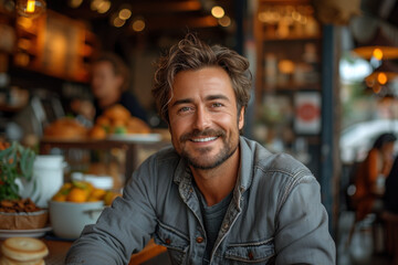 Obraz premium Smiling man enjoying coffee at cozy cafe