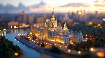 Fototapeta premium Miniature cityscape with a prominent building and a river, viewed from above at sunset.