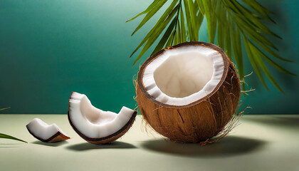 Coconut on table and palm leaves, serene tropical scenery. Summer holiday vibe. Delicious nut, food