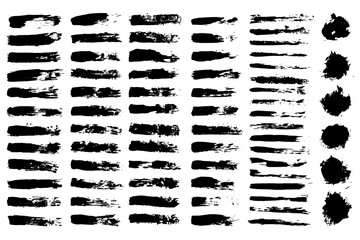 Mega vector brush strokes collection, Ink splatters, grungy painted lines, artistic design elements: waves, circles, triangles. Vector paintbrush set