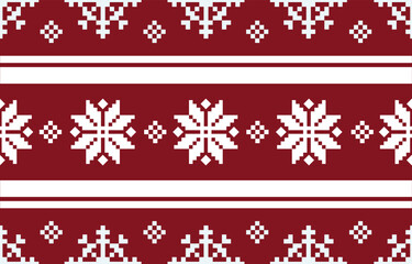 Christmas and New Year red and white seamless pattern, fairytale pixel pattern in white and green with Nordic snowflakes for winter hats, ugly sweaters, jumpers. wallpaper, paper or other design